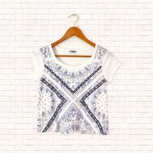 Express embroidered bandana cropped short sleeve tee blue white Small EUC OBO